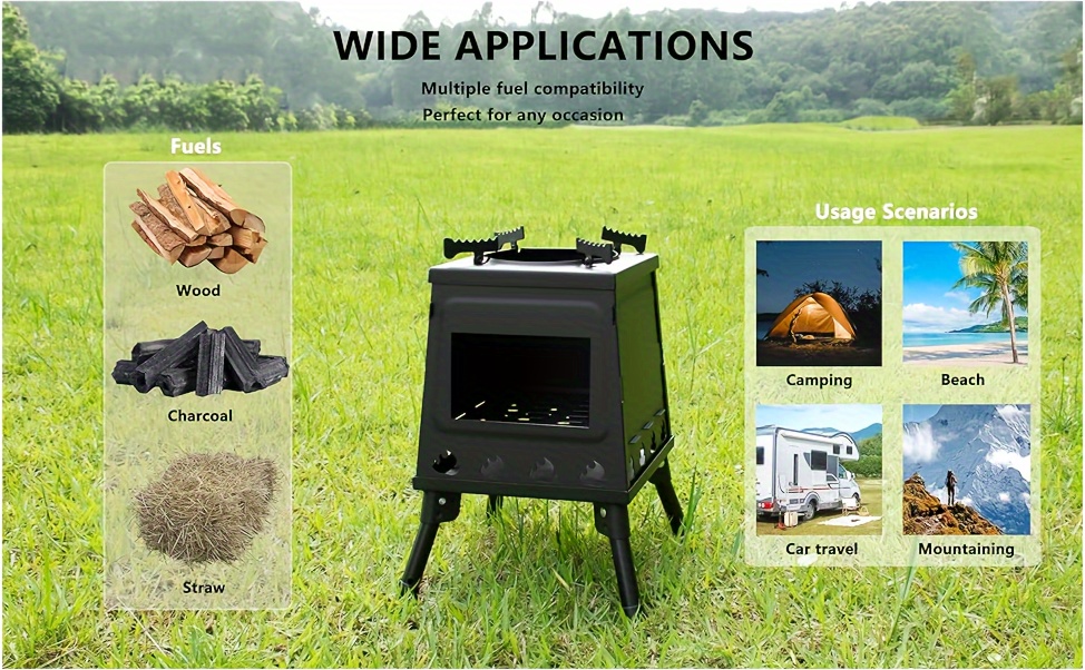   wood burning camp stove portable cast iron camping wood stove black woodstove with carrying case for backpacking outdoor cooking small details 3