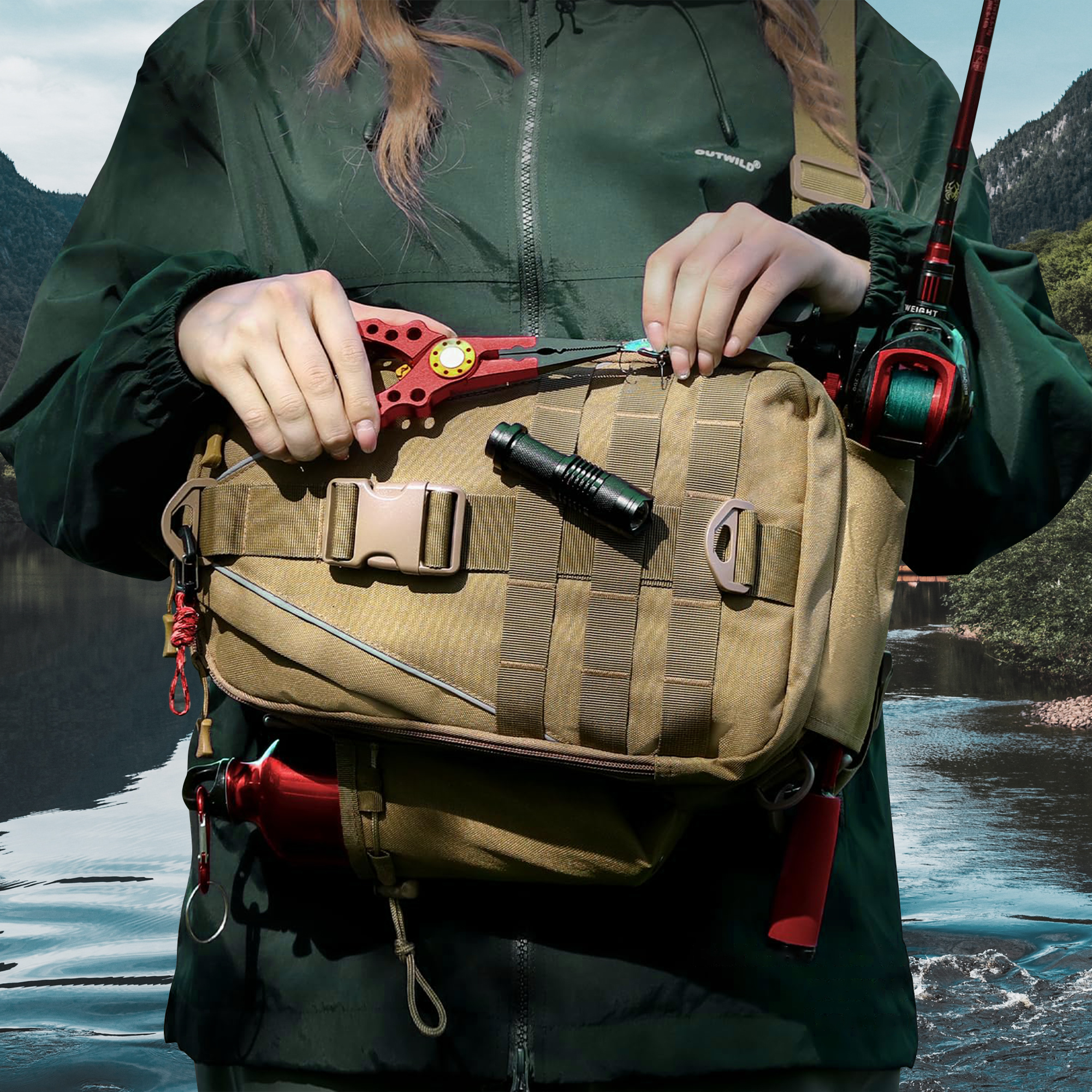 fishing backpack tackle sling bag fishing backpack with rod holder tackle box for men women details 7